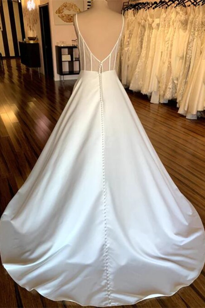 Ivory V-Neck Satin A-Line Wedding Dress with Backless