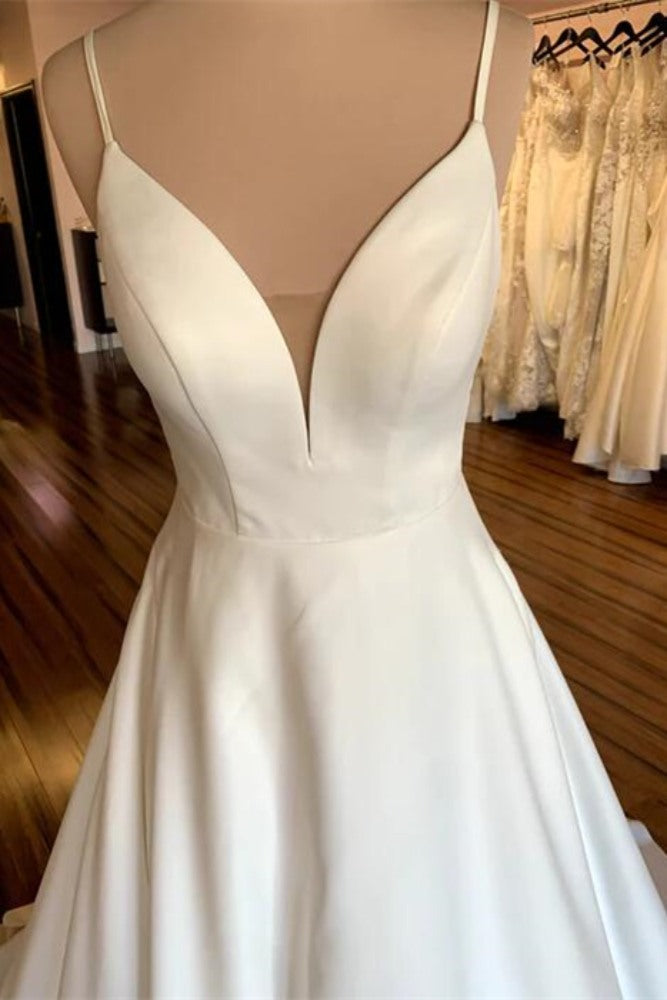 Ivory V-Neck Satin A-Line Wedding Dress with Backless