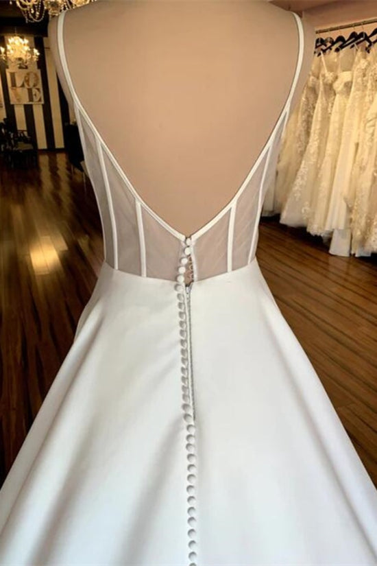 Ivory V-Neck Satin A-Line Wedding Dress with Backless