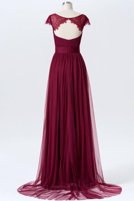 Burgundy Lace Cap Sleeves Bridesmaid Dress