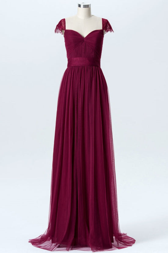 Burgundy Lace Cap Sleeves Bridesmaid Dress