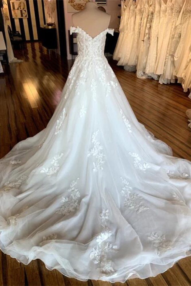 White Off the Shoulder A-Line Tulle Bridal Dress