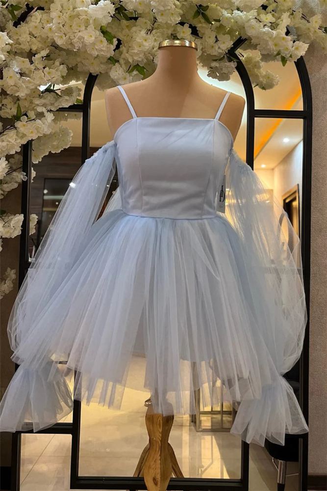 Ice Blue Straps A-line Tulle Homecoming Dress with Sleeves