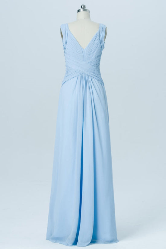 Light Blue V-Neck Pleated Chiffon Bridesmaid Dress