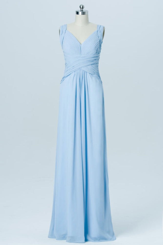 Light Blue V-Neck Pleated Chiffon Bridesmaid Dress