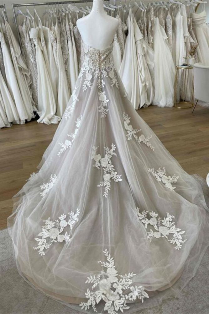 White Strapless Applique A-Line Long Wedding Dress