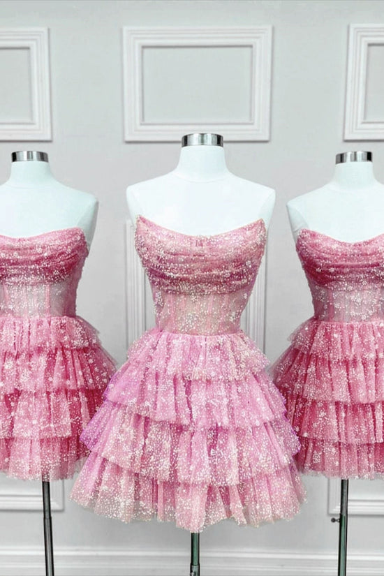 Strapless Pink Multi-Layers Tulle Homecoming Dress