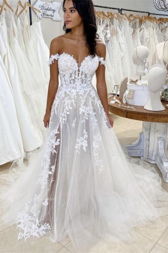 White Off the Shoulder Applique Bridal Dress with Slit