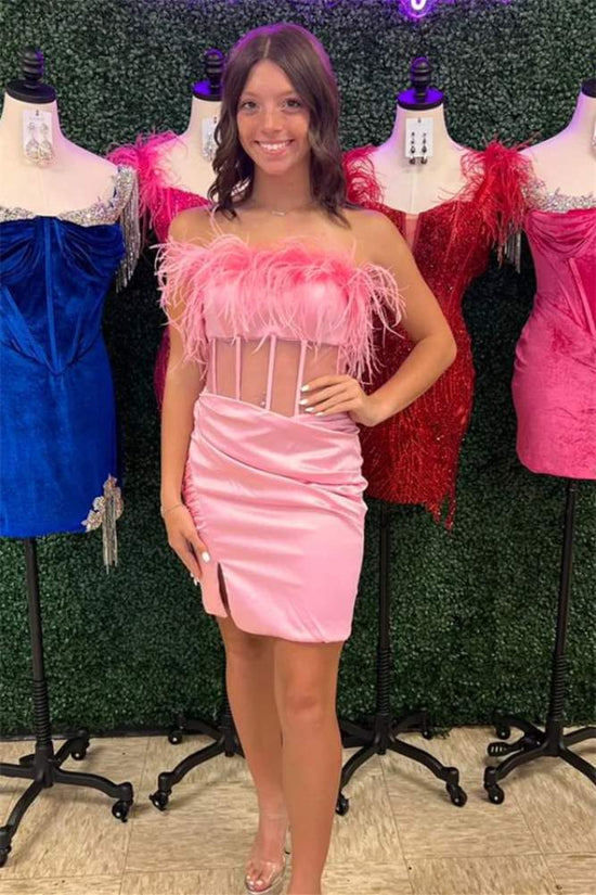 Pink Strapless Pleated Homecoming Dress with Feathers