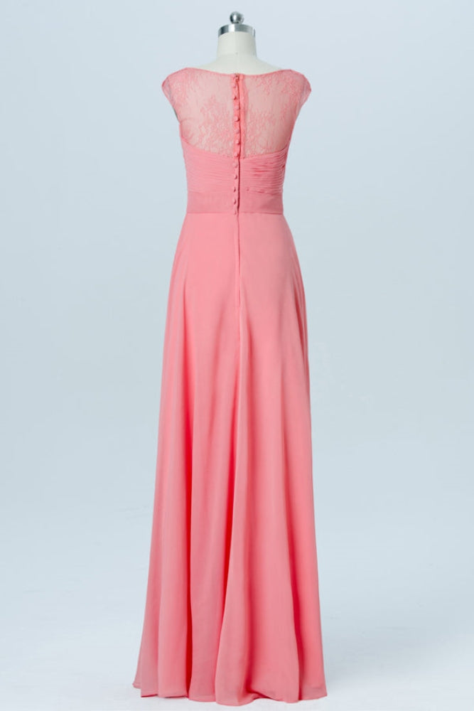 Coral V-Neck Lace Long Bridesmaid Dress