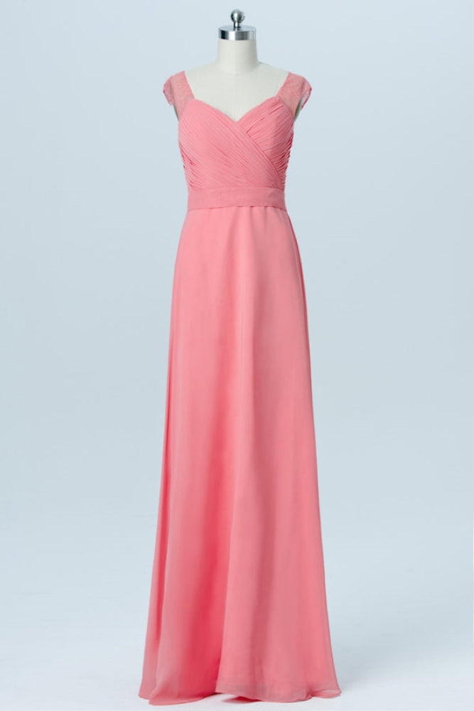 Coral V-Neck Lace Long Bridesmaid Dress