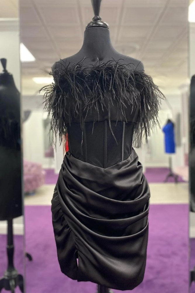 Black Strapless Pleated Homecoming Dress with Feathers