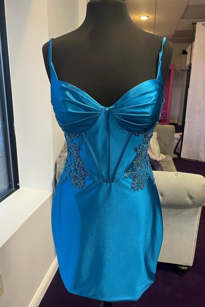 Blue Straps Corset Appliques Short Homecoming Dress