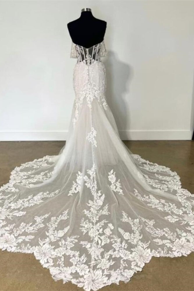 Off the Shoulder White Applique Wedding Dress with Train