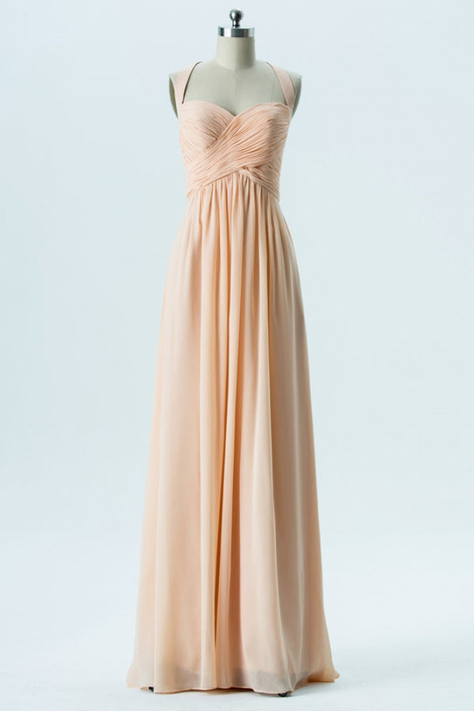 Light Orange Pleated Bridesmaid Dress with Lace-up Back