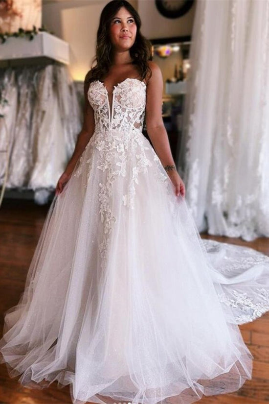 Ivory Strapless Lace A-Line Long Bridal Dress