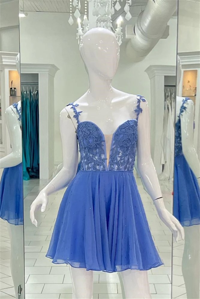 Periwinkle Straps V-neck Appliques Homecoming Dress