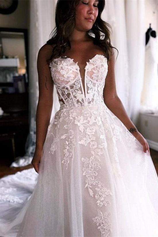 Ivory Strapless Lace A-Line Long Bridal Dress