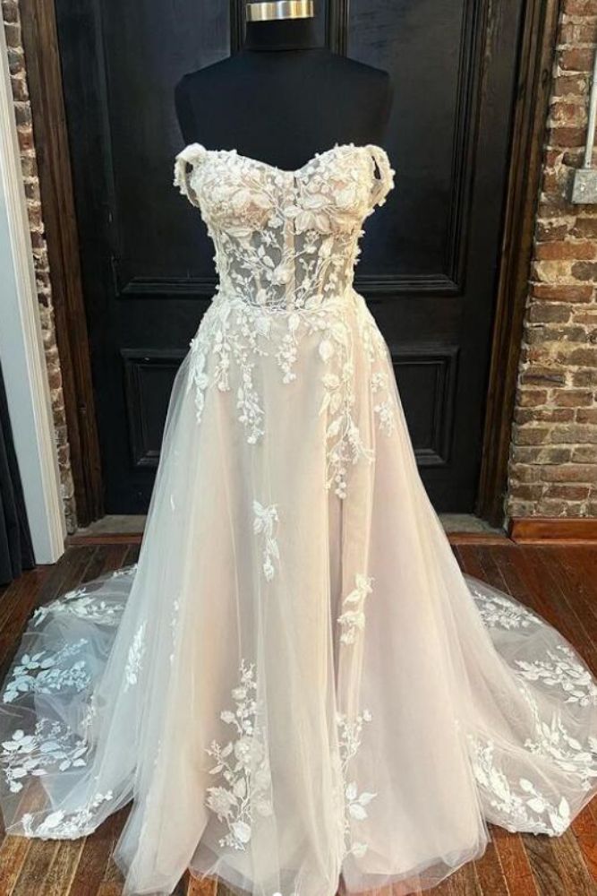 Ivory Off the Shoulder Applique A-Line Bridal Dress