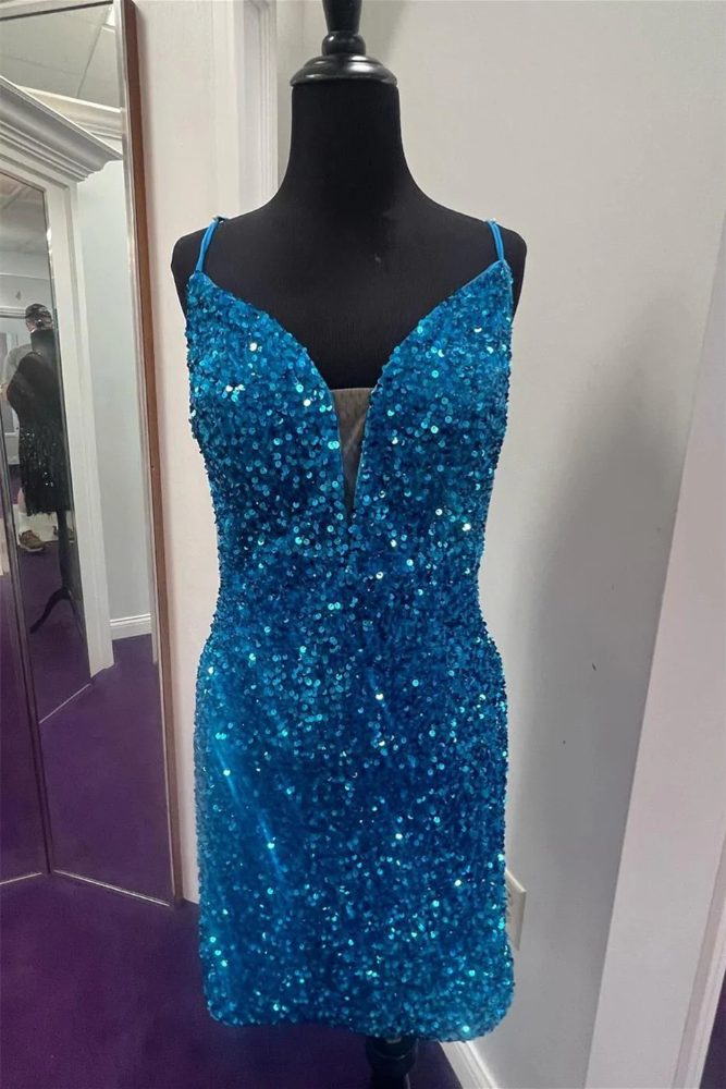 Blue Plunging Neck Sequin Bodycon Homecoming Dress