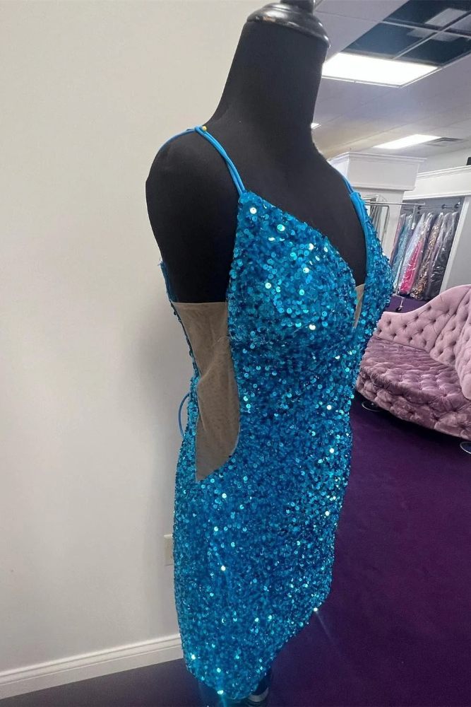 Blue Plunging Neck Sequin Bodycon Homecoming Dress