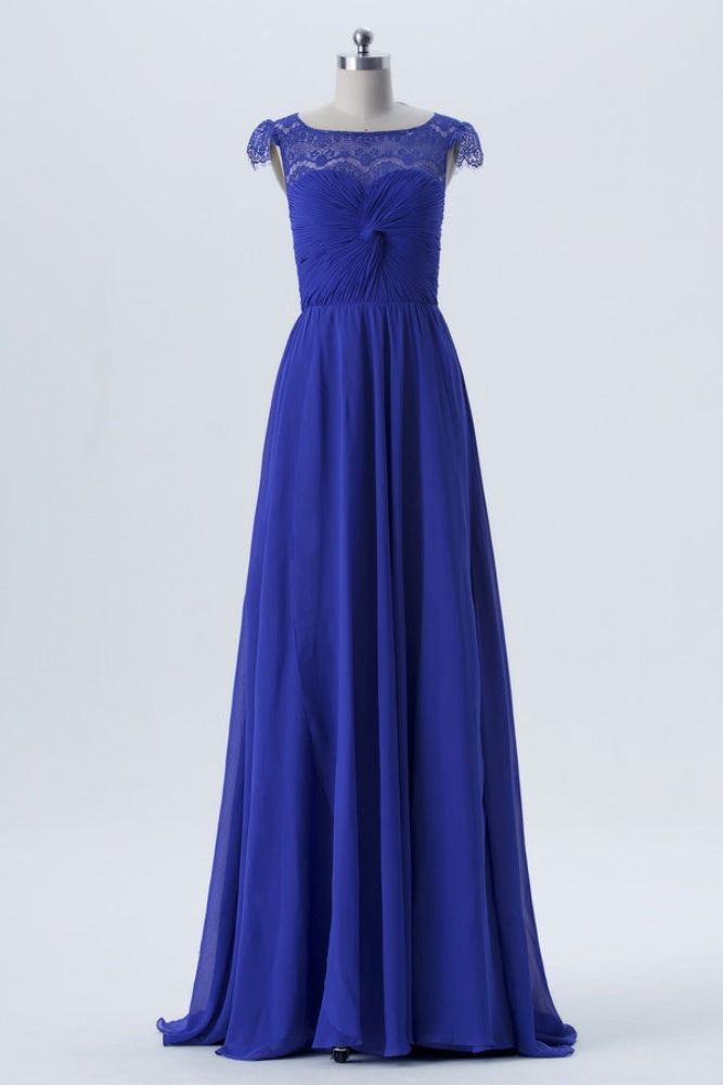 Royal Blue Lace Twist Knot Long Bridesmaid Dress