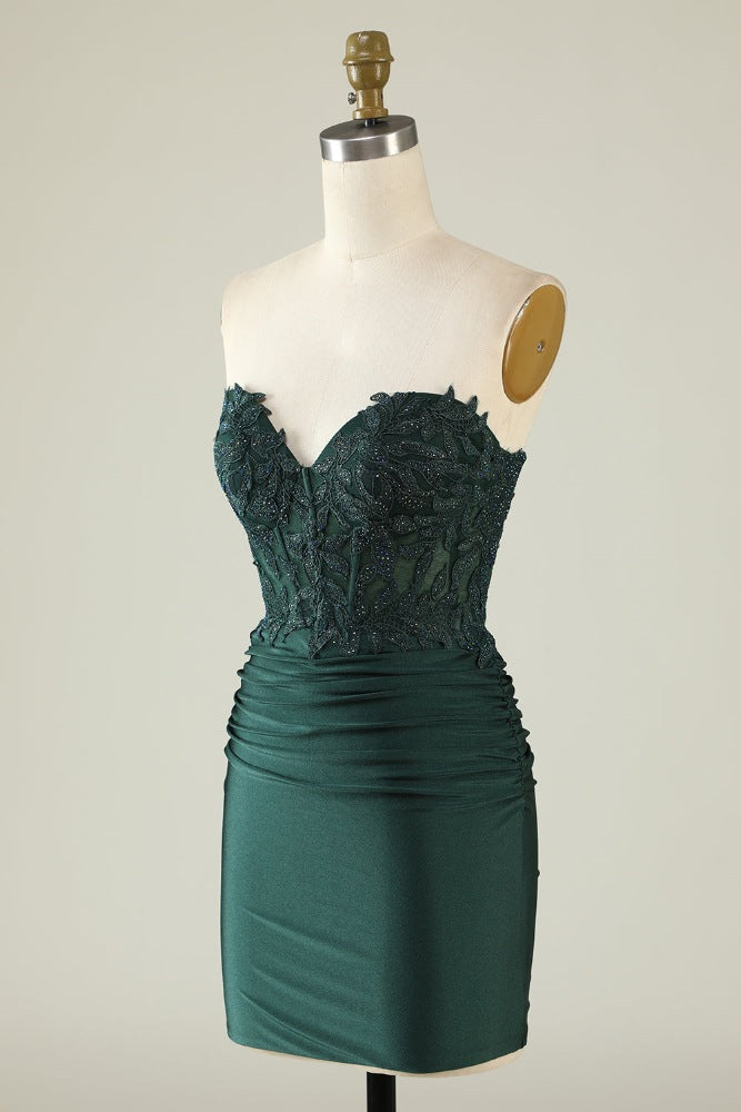 Strapless Hunter Green Applique Beaded Homecoming Dress