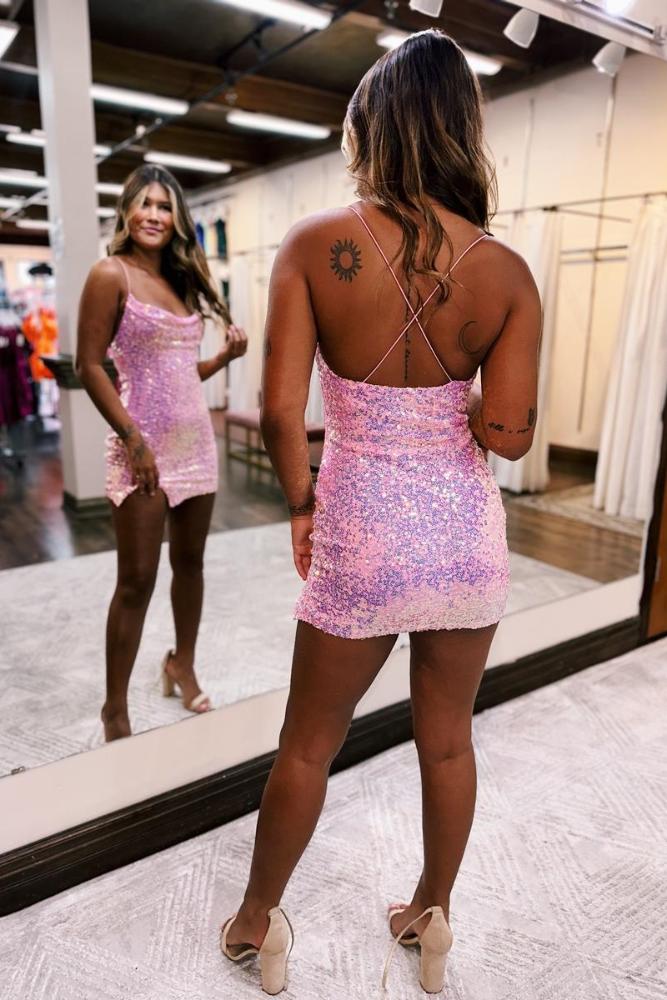 Pink Sequin Bodycon Homecoming Dress with Lace-Up Back Movousdress Pink Sequin Bodycon Homecoming Dress with Lace-Up Back Movousdress