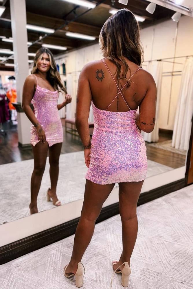 Pink Sequin Bodycon Homecoming Dress with Lace-Up Back