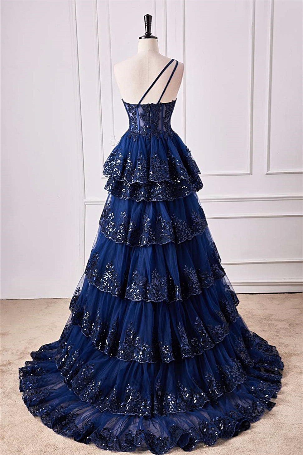 One Shoulder Dark Navy Lace Applique Slit Long Prom Dress