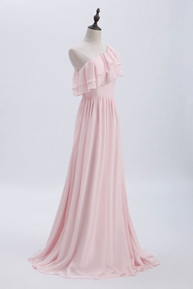 Pink One Shoulder Ruffle Long Bridesmaid Dress