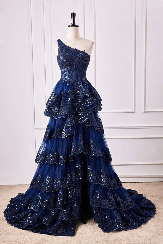 One Shoulder Dark Navy Lace Applique Slit Long Prom Dress