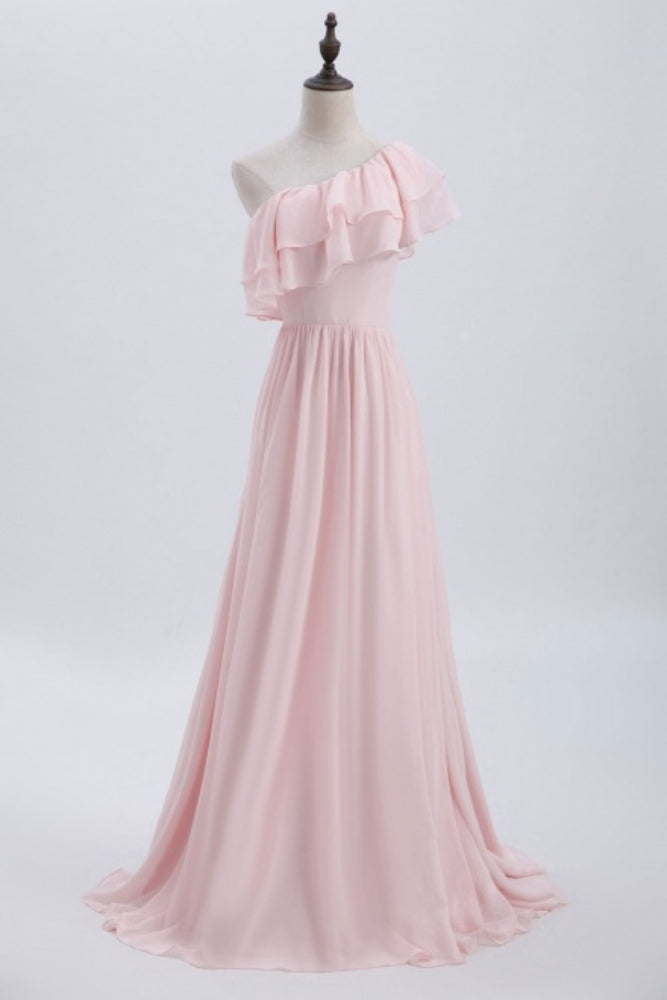 Pink One Shoulder Ruffle Long Bridesmaid Dress