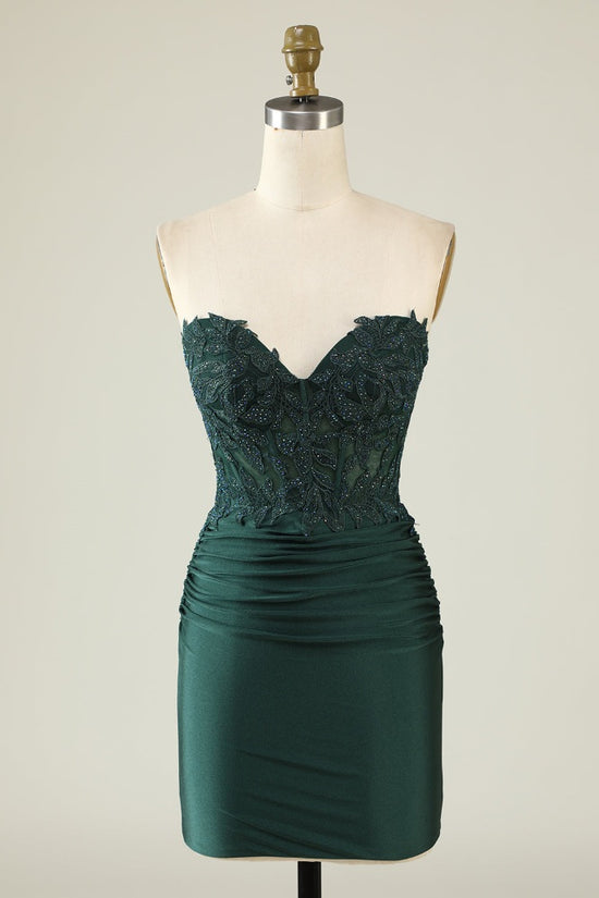 Strapless Hunter Green Applique Beaded Homecoming Dress