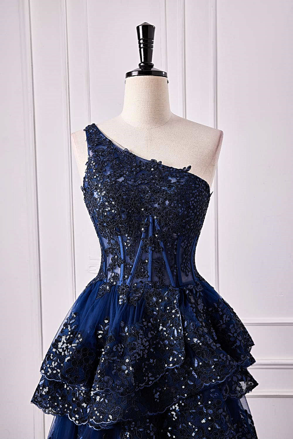 One Shoulder Dark Navy Lace Applique Slit Long Prom Dress