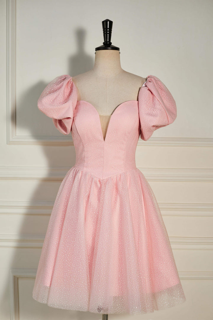 V-Neck Pink Puff Sleeves Lace-Up Back Homecoming Dress