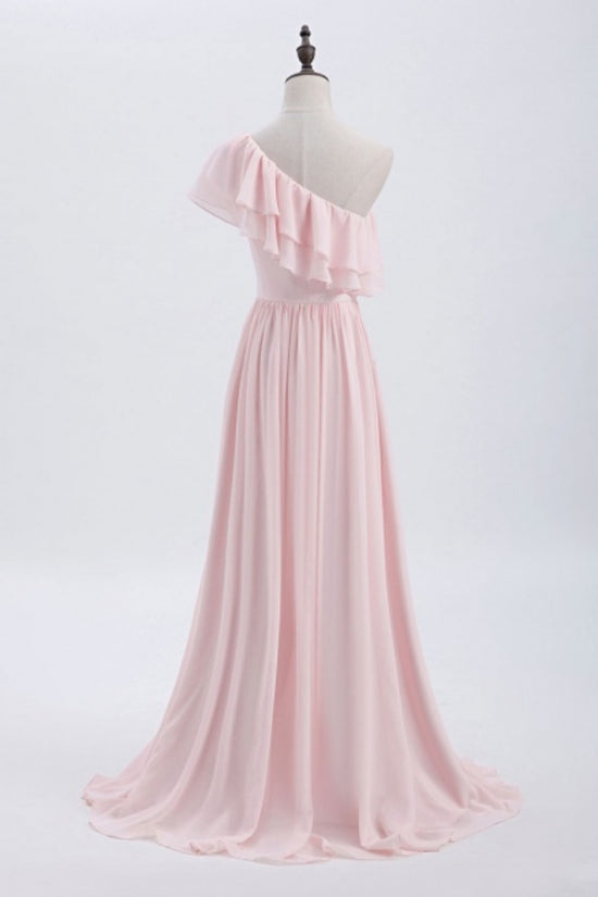 Pink One Shoulder Ruffle Long Bridesmaid Dress