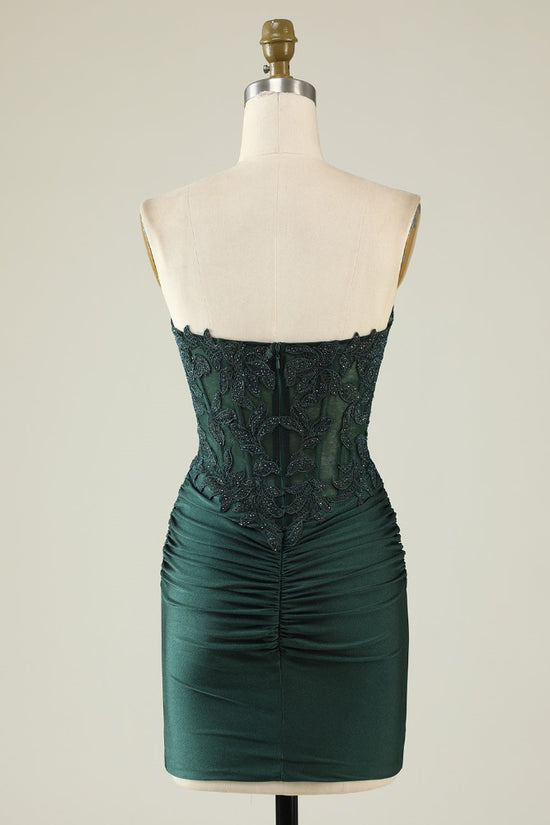 Strapless Hunter Green Applique Beaded Homecoming Dress