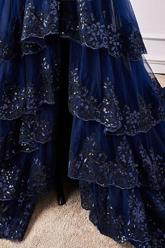 One Shoulder Dark Navy Lace Applique Slit Long Prom Dress Movousdress One Shoulder Dark Navy Lace Applique Slit Long Prom Dress Movousdress