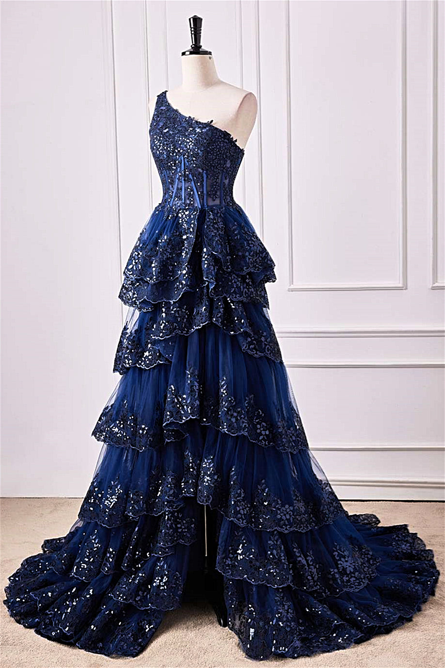 One Shoulder Dark Navy Lace Applique Slit Long Prom Dress