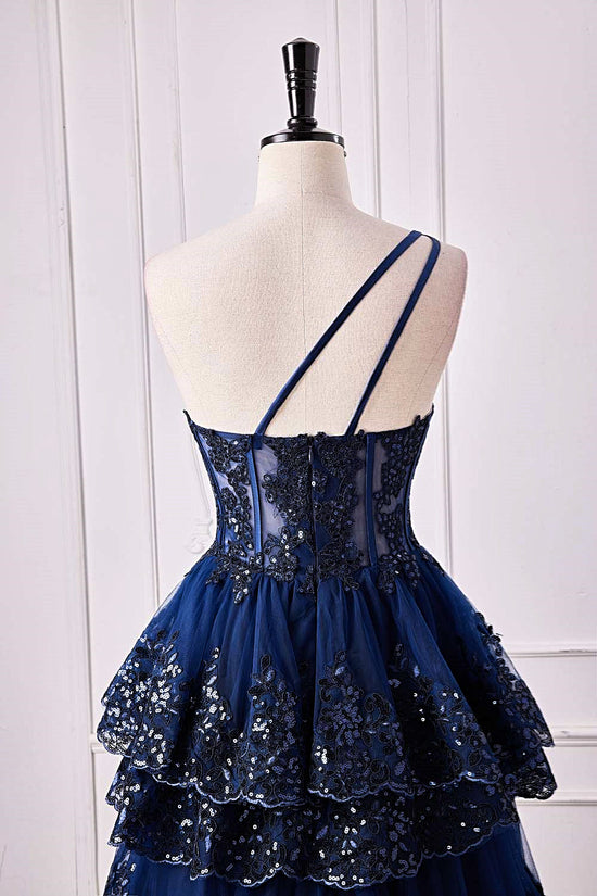 One Shoulder Dark Navy Lace Applique Slit Long Prom Dress