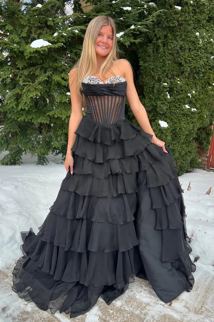 A-Line Empire Beaded Sweetheart Strapless Tiered Party Prom Dress