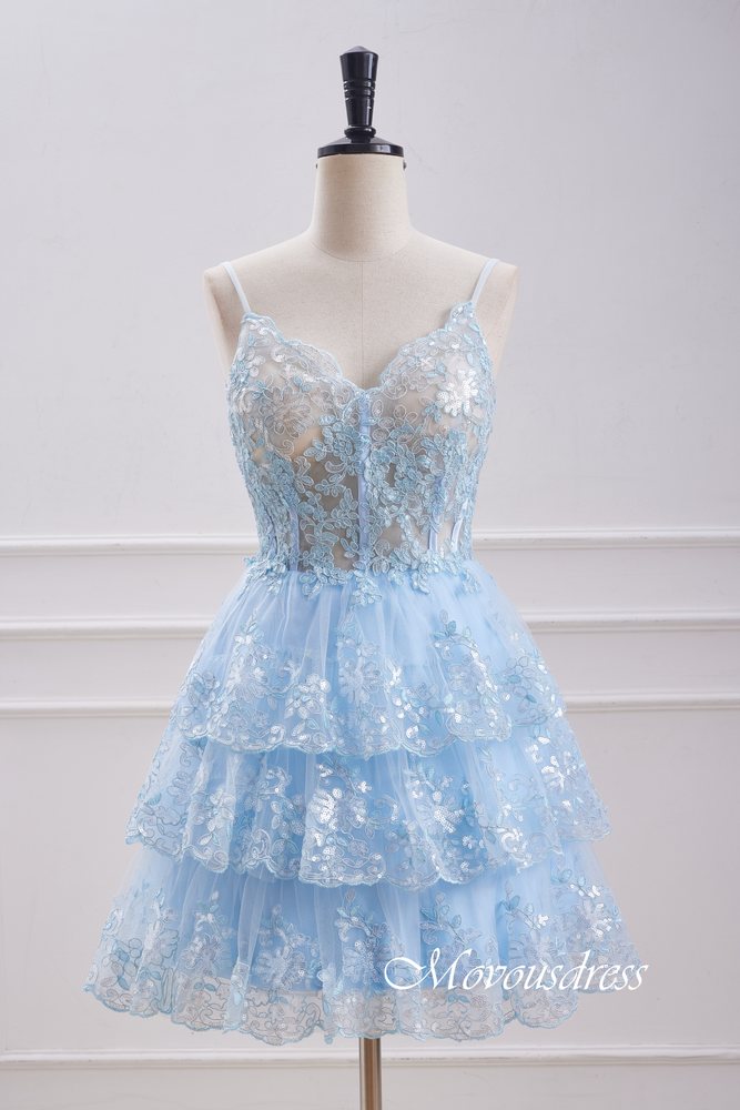 Light Blue Spaghetti Straps Ruffle Homecoming Dress