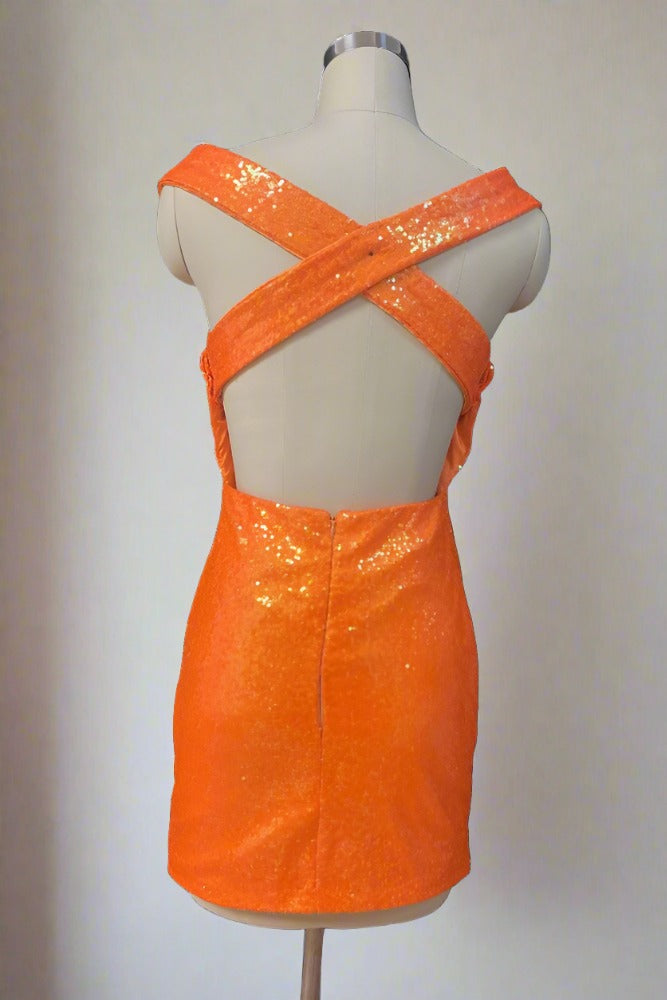 Orange V-Neck Tight Homecoming Dress with Criss Cross Back