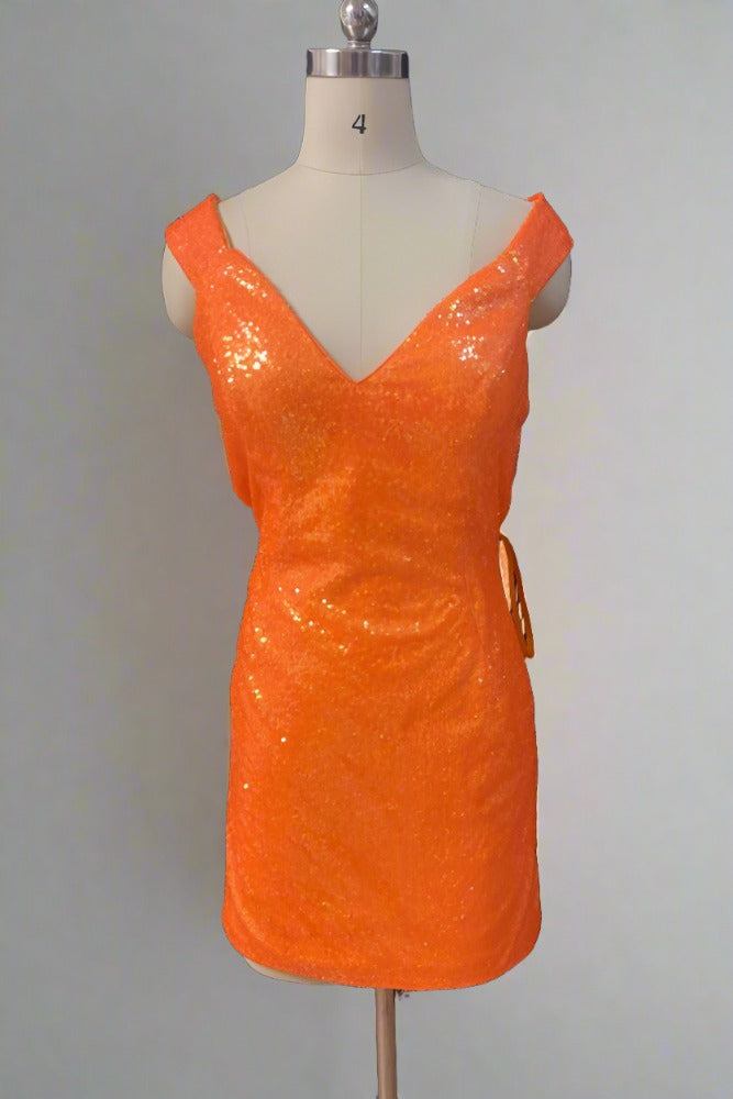 Orange V-Neck Tight Homecoming Dress with Criss Cross Back