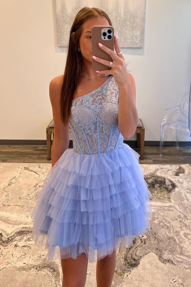 Lavender One Shoulder Multi-Layer Homecoming Dress