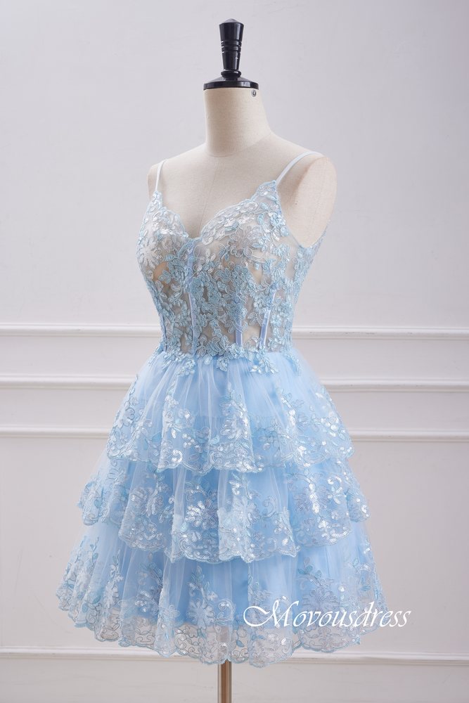 Light Blue Spaghetti Straps Ruffle Homecoming Dress