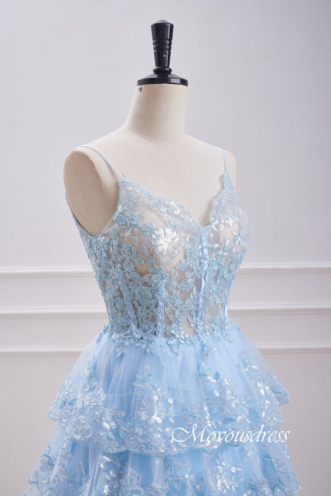 Light Blue Spaghetti Straps Ruffle Homecoming Dress