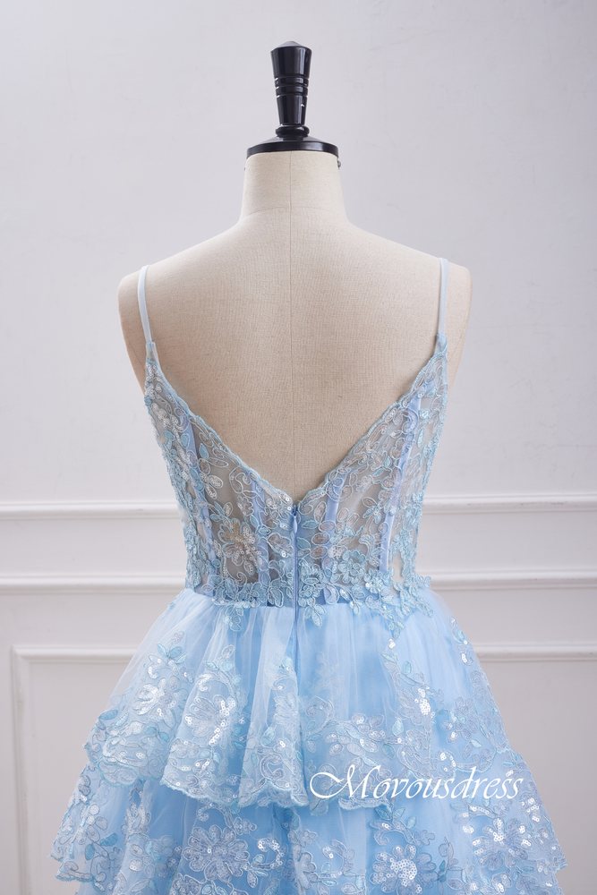 Light Blue Spaghetti Straps Ruffle Homecoming Dress