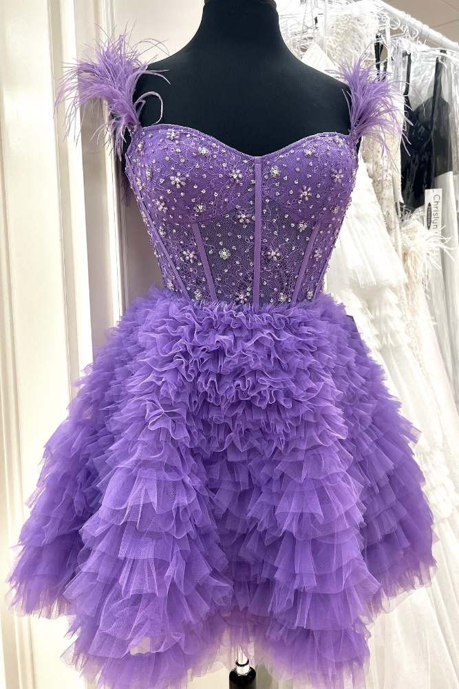 Purple Multi-Layer A-Line Homecoming Dress with Feather